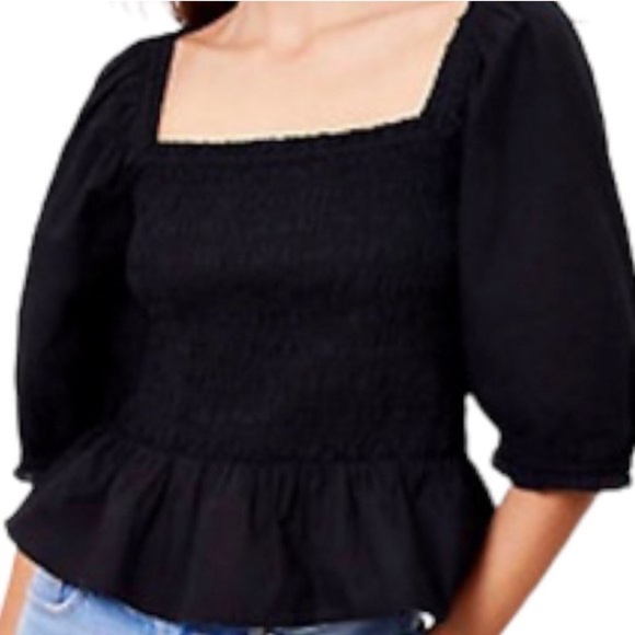 Ann Taylor black smocked puff sleeves square neck ruffle bottom sz M - Picture 1 of 10
